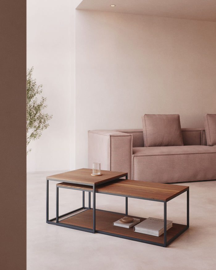 Kave Home - Yoana set van 2 bijzettafels in walnootfineer met zwart