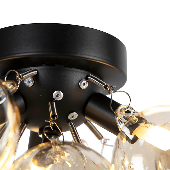 QAZQA Design plafondlamp zwart met amber glas 3-lichts - Uvas