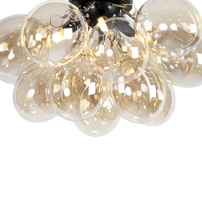 QAZQA Design plafondlamp zwart met amber glas 4-lichts - Uvas