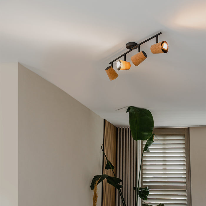 QAZQA Plafondspot zwart met kurk kap 4-lichts verstelbaar - Corky