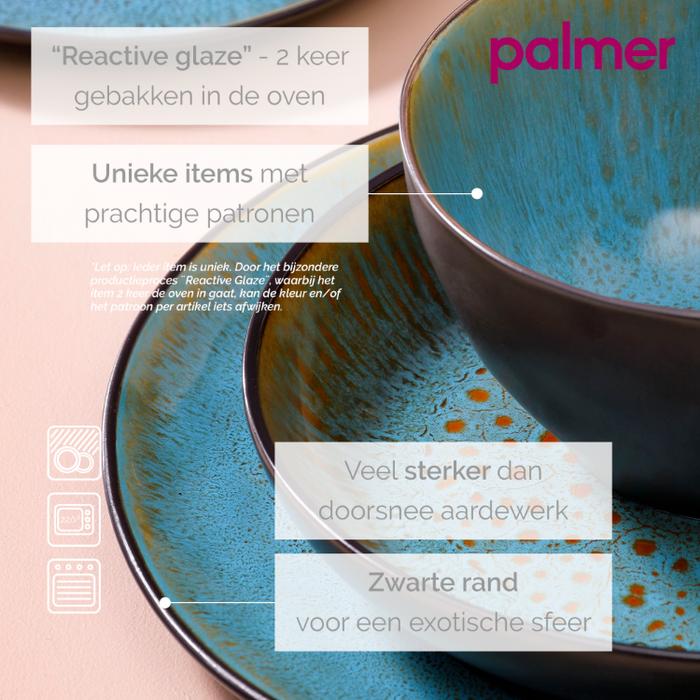 Palmer Bord diep Lotus 21 cm Turquoise Zwart Stoneware 4 stuks