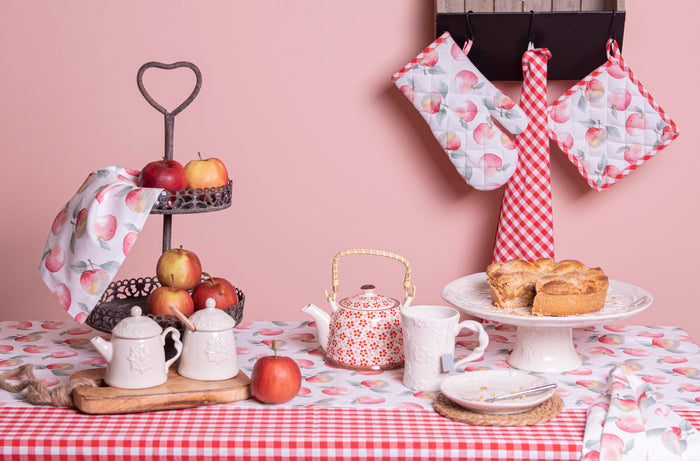 Clayre & Eef Tafelkleed Ø 170 cm Wit Rood Katoen Rond Appel