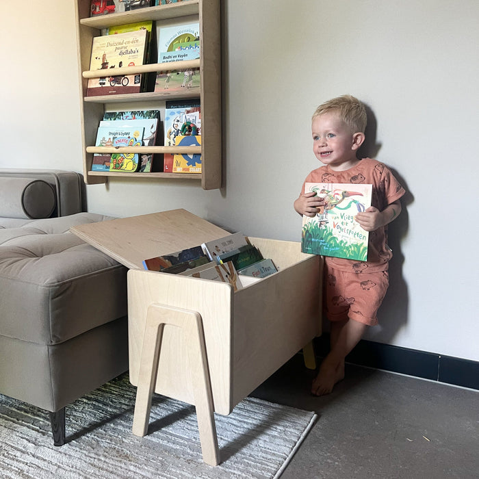 Montessori opbergkist kinderkamer | Houten boekenkist met klep - blank