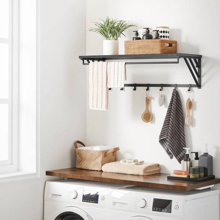 Wandkapstok met Plank en 7 Haken, Metaal en Hout, Zwart