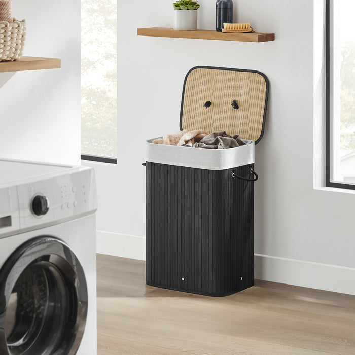 Bamboe Wasmand met Deksel, Katoenen Zak en Handvaten, 72L, Zwart