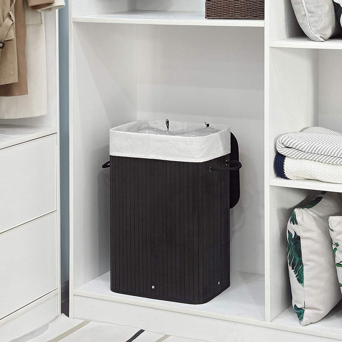 Bamboe Wasmand met Deksel, Katoenen Zak en Handvaten, 72L, Zwart