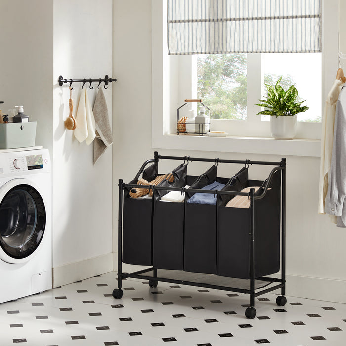 Mobiele wasmand - 4 vakken van elk 35 liter - 81 x 88 x 39 cm - zwart