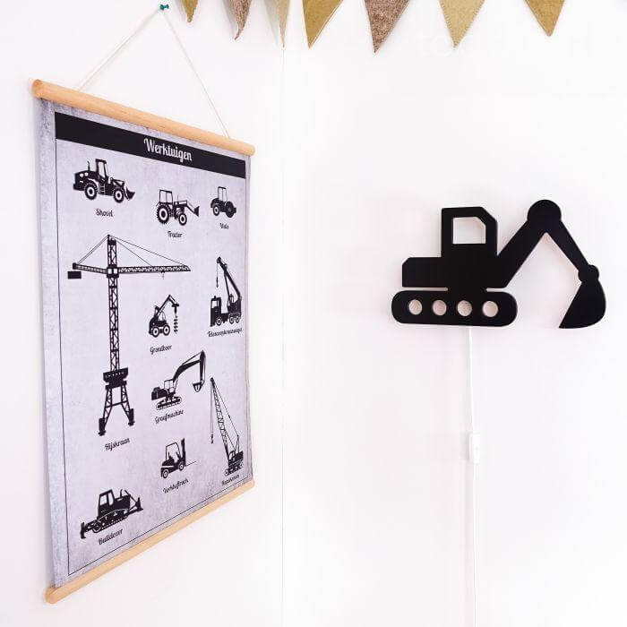 Houten wandlamp kinderkamer | Graafmachine - zwart