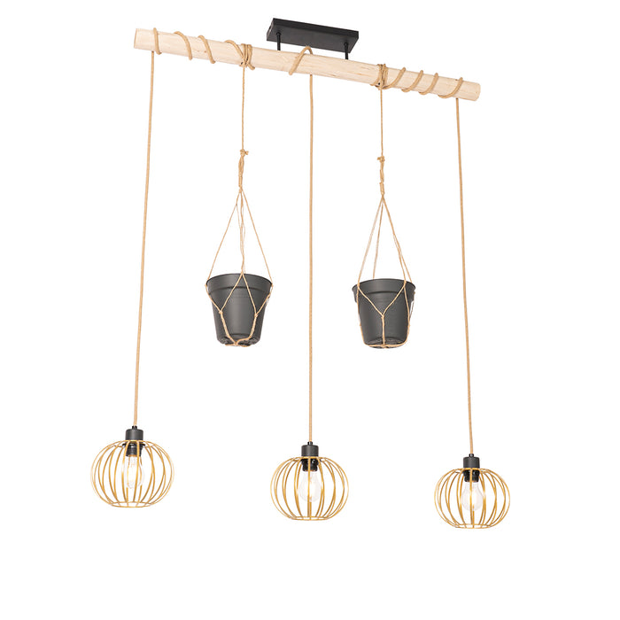 QAZQA Landelijke hanglamp goud met hout 3-lichts - Yura
