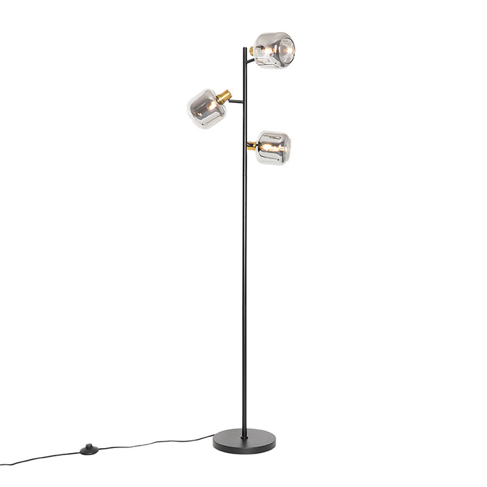 QAZQA Vloerlamp zwart met goud met smoke glas 3-lichts - Zuzanna