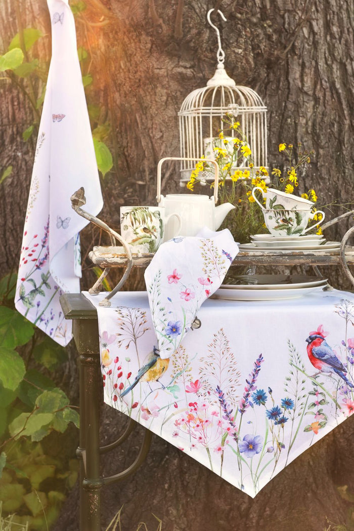 Clayre & Eef Tafelloper 50x160 cm Wit Groen Katoen Bloemen Tafelkleed