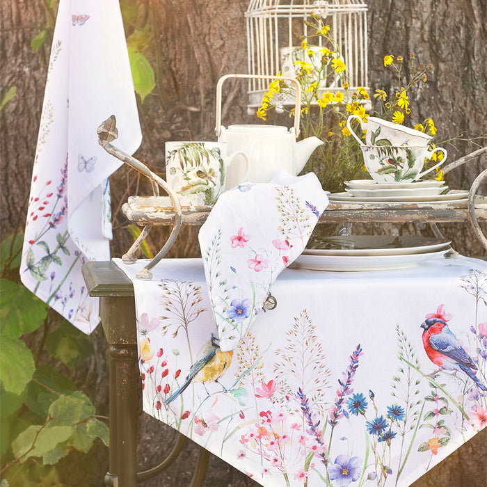 Clayre & Eef Tafelloper 50x160 cm Wit Groen Katoen Bloemen Tafelkleed