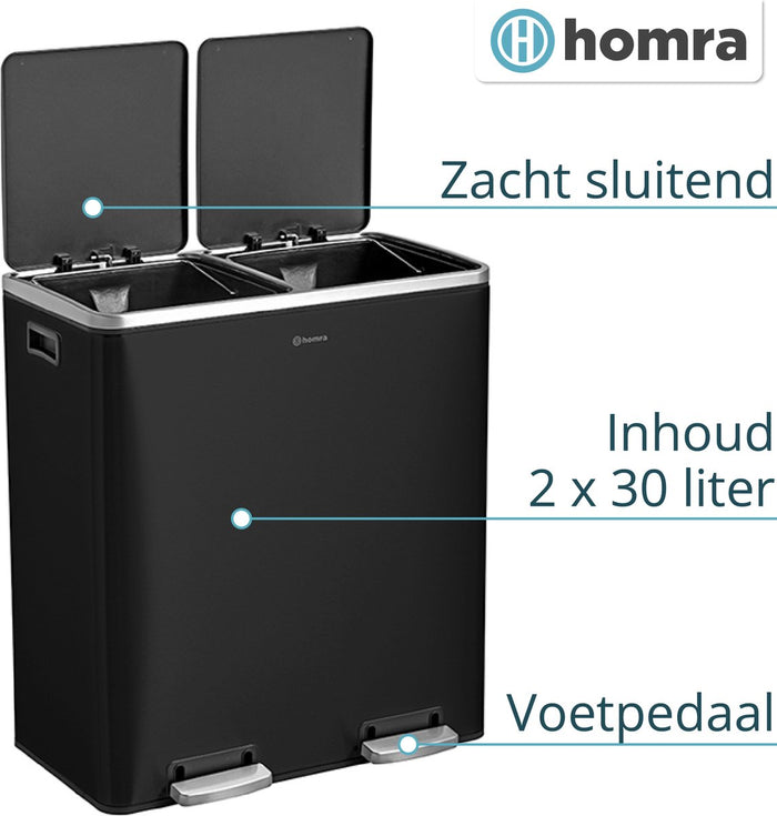 Homra QUICKX Duo Prullenbak - Afvalemmer Afvalscheiding 2 vakken – 60L