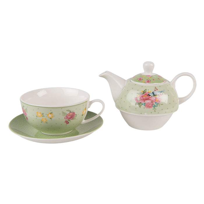 Clayre & Eef Tea for One 460 ml Groen Beige Porselein Bloemen Theepot