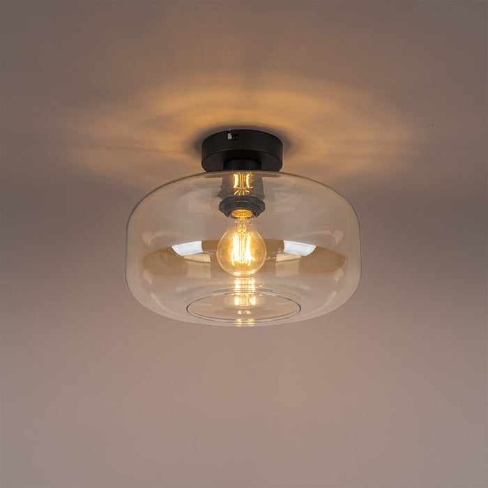 QAZQA Art deco plafondlamp zwart met amber glas - Bizle