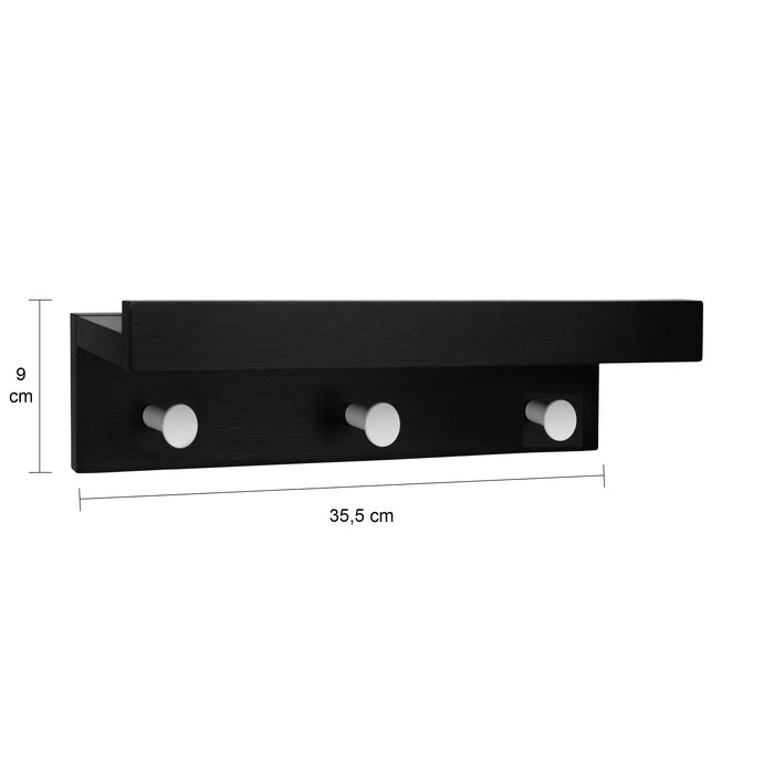 QUVIO Wand kapstok hout met plank + 3 haken - Zwart|Zilver
