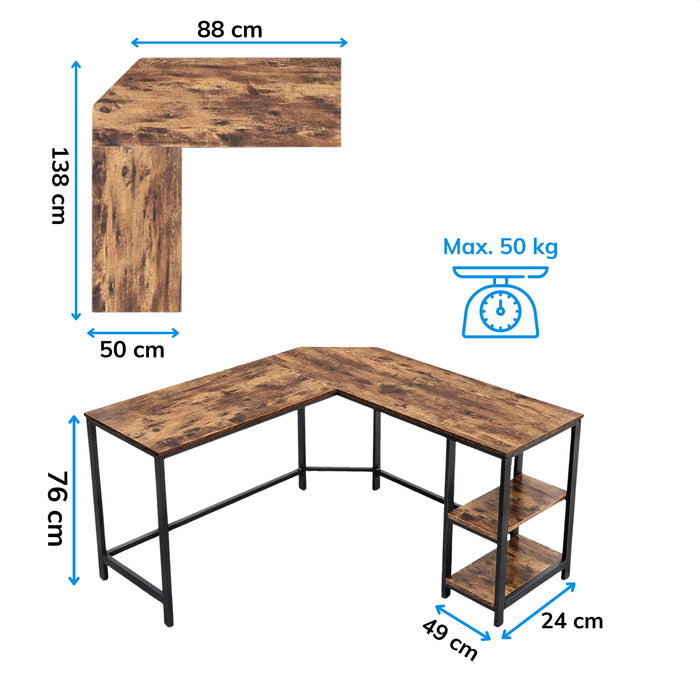 Hoekbureau - vintage - 2 legplanken - 138x75x138 cm - vintage bruin