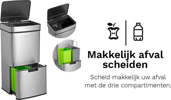 StangVollby Lunden Prullenbak met sensor - 3 vakken - 72L - RVS