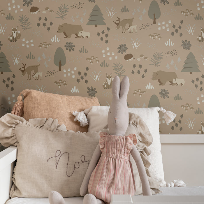 ESTAhome behang bos met bosdieren beige bruin - 0.53 x 10.05 m - 13941