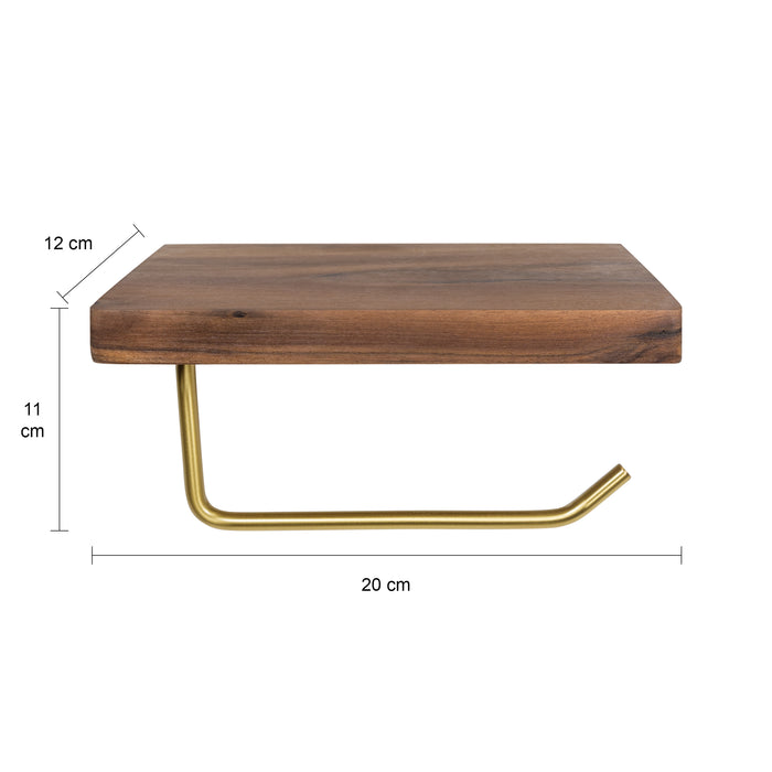 QUVIO Toiletrolhouder metaal met telefoon plank - Donker hout + goud