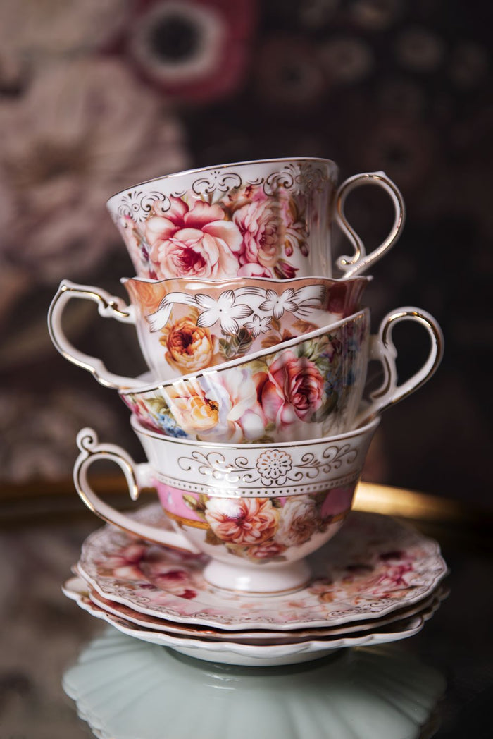 Clayre & Eef Kop en schotel 200 ml Roze Wit Porselein Rond Bloemen