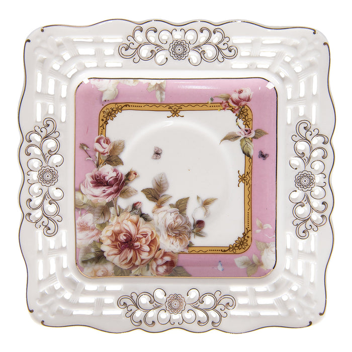 Clayre & Eef Kop en schotel 200 ml Roze Wit Porselein Rond Bloemen