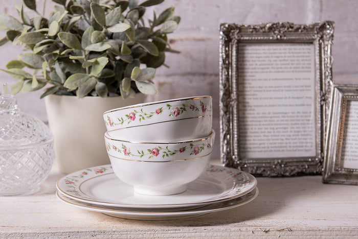 Clayre & Eef Soepkom 300 ml Wit Roze Porselein Rond Bloemen