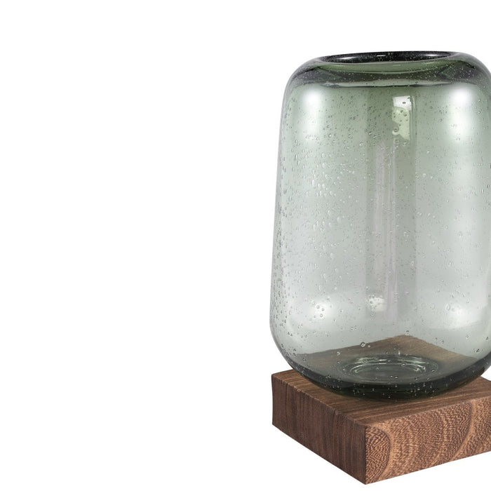 PTMD Kjelt Green glass vase on wooden base L