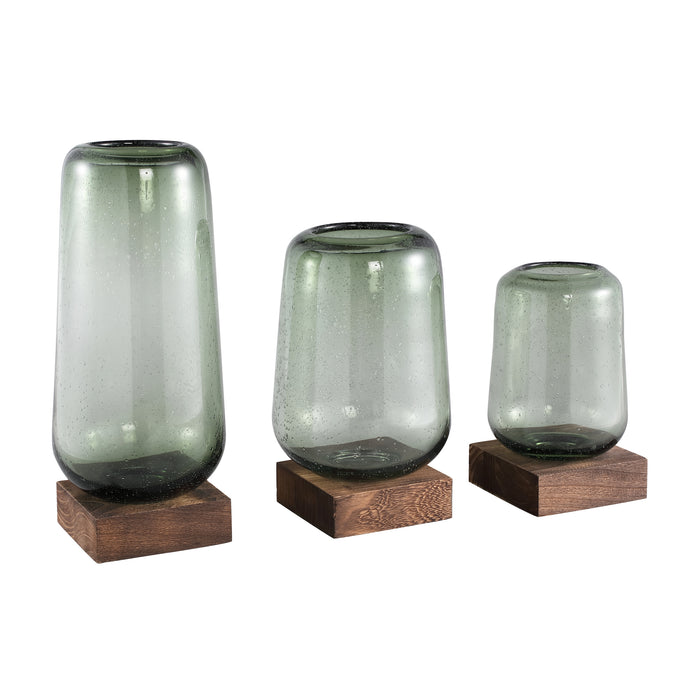 PTMD Kjelt Green glass vase on wooden base L