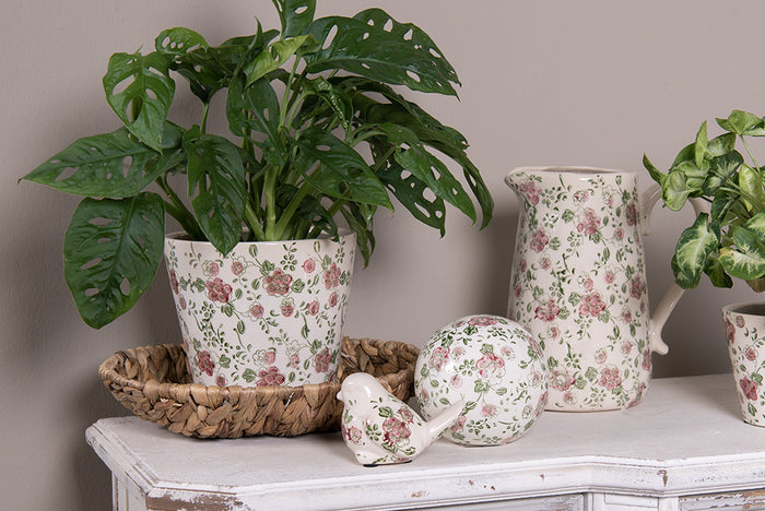 Clayre & Eef Beeld Vogel 19x11x14 cm Roze Beige Keramiek Bloemen