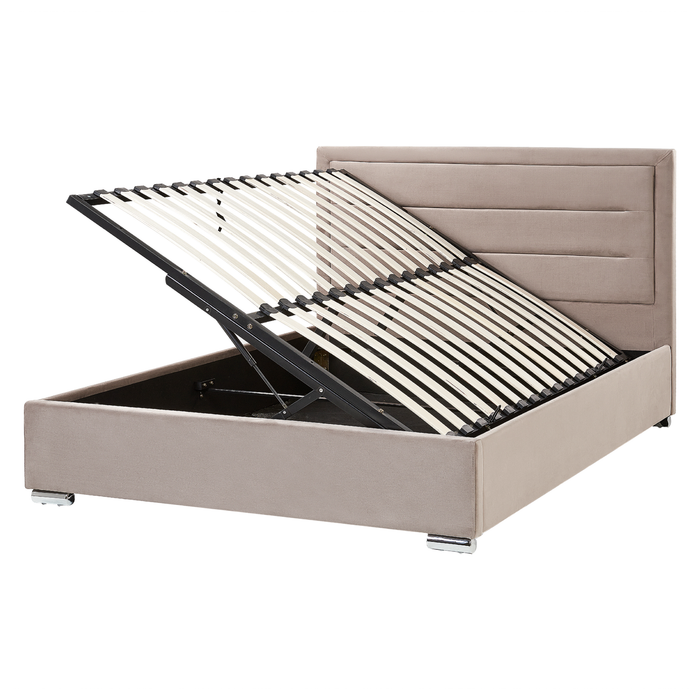 Beliani-ROUEN-Bed met opbergruimte-Taupe-160 x 200 cm-Fluweel