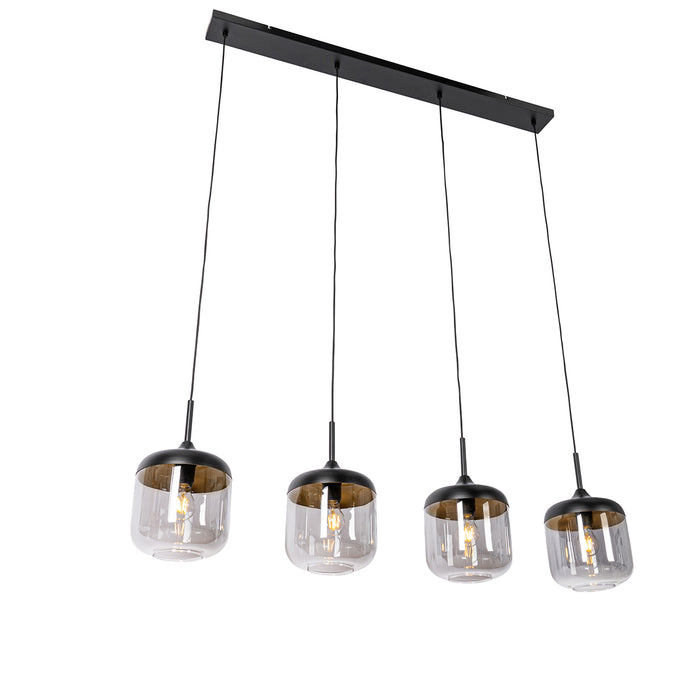 QAZQA Design hanglamp zwart met goud en smoke glas 4-lichts - Kyan