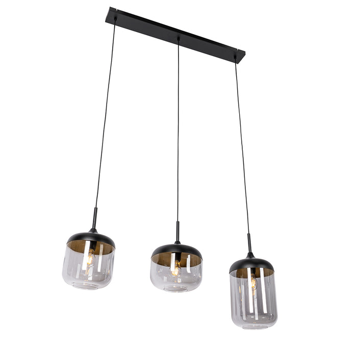 QAZQA Design hanglamp zwart met goud en smoke glas 3-lichts - Kyan