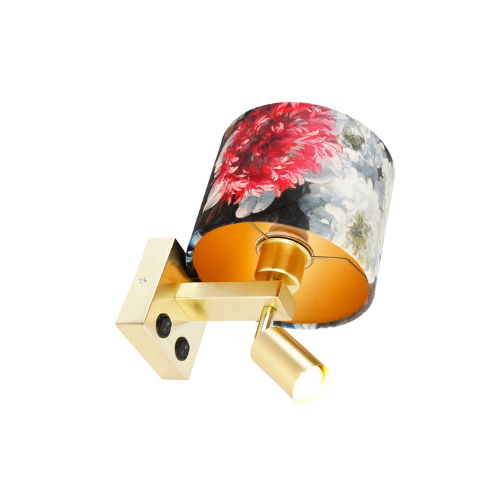 QAZQA Wandlamp messing met leeslamp en kap 18 cm bloemen - Brescia