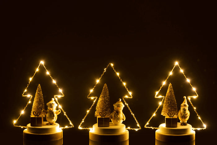 J-Line Kerstboom - hout - wit|goud|naturel - LED lichtjes - 3 stukjes