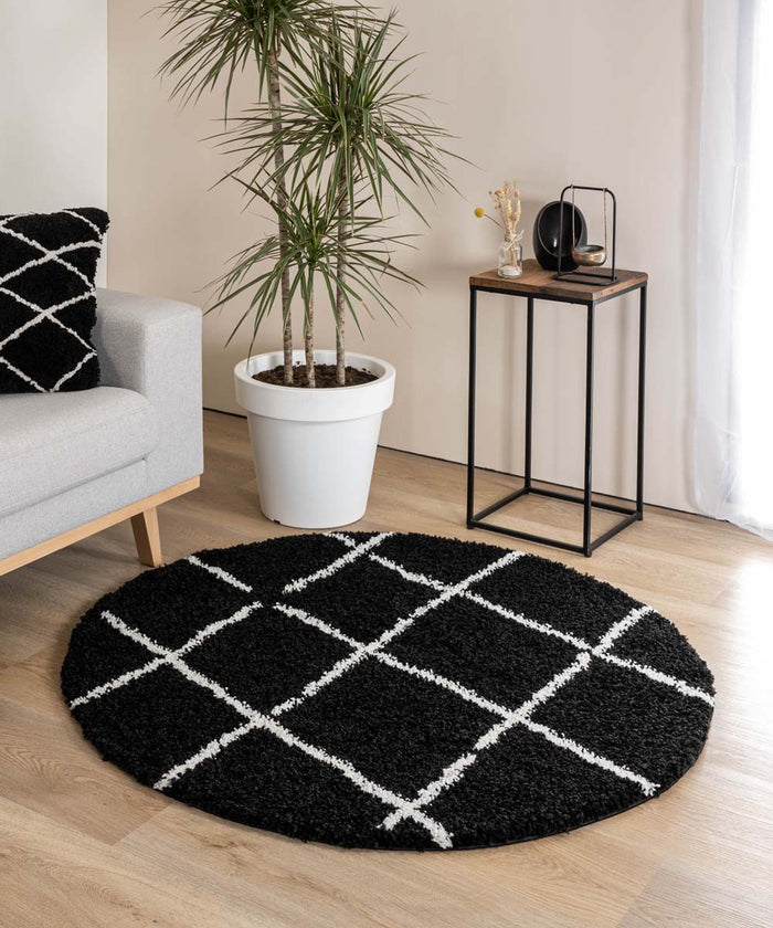 Boho&me Rond hoogpolig vloerkleed ruiten Artisan - zwart|wit - 100 cm
