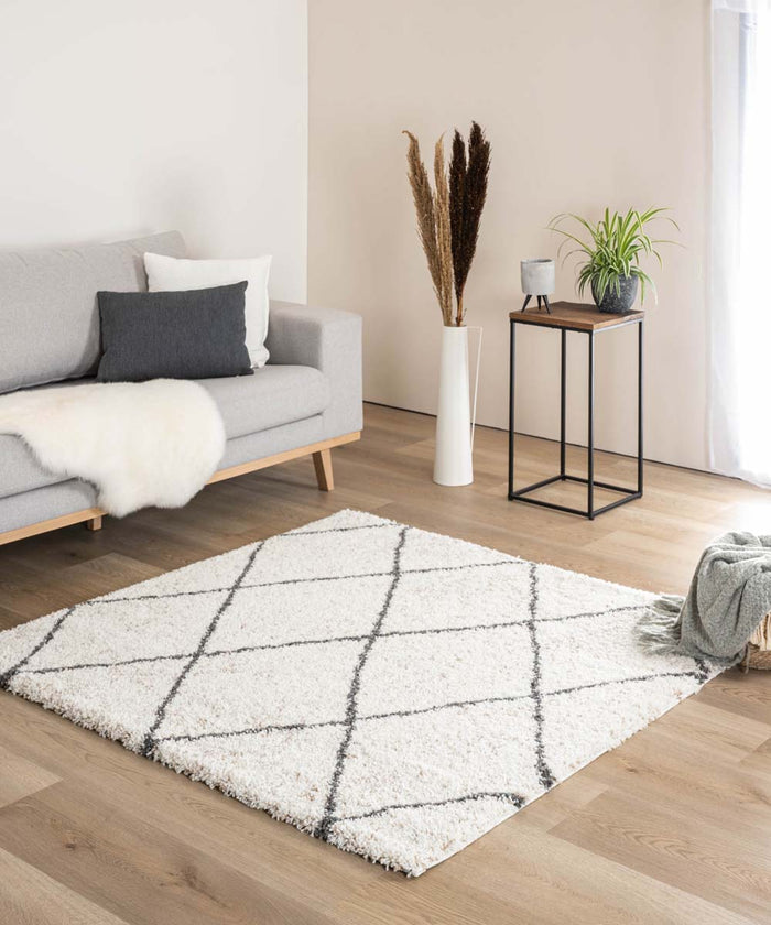 Boho&me Vierkant hoogpolig vloerkleed geruit Artisan - wit|grijs -