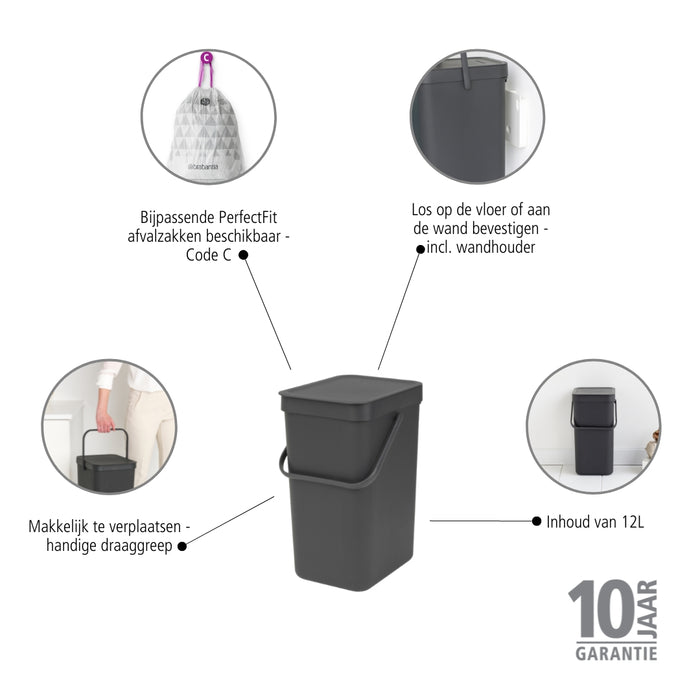 Brabantia Sort & Go Afvalemmer / Opberger 12 L - Donkergrijs