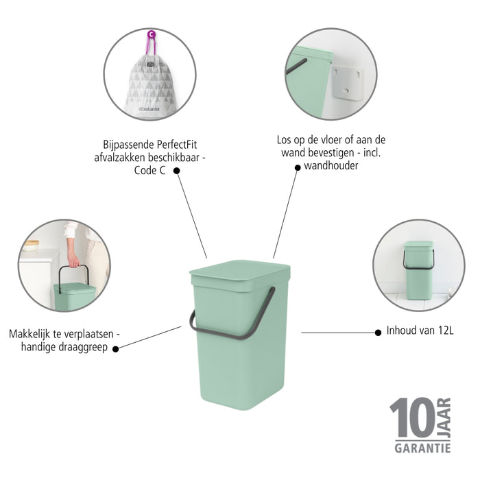 Brabantia Sort & Go Afvalemmer / Opberger 12 L - Mintgroen