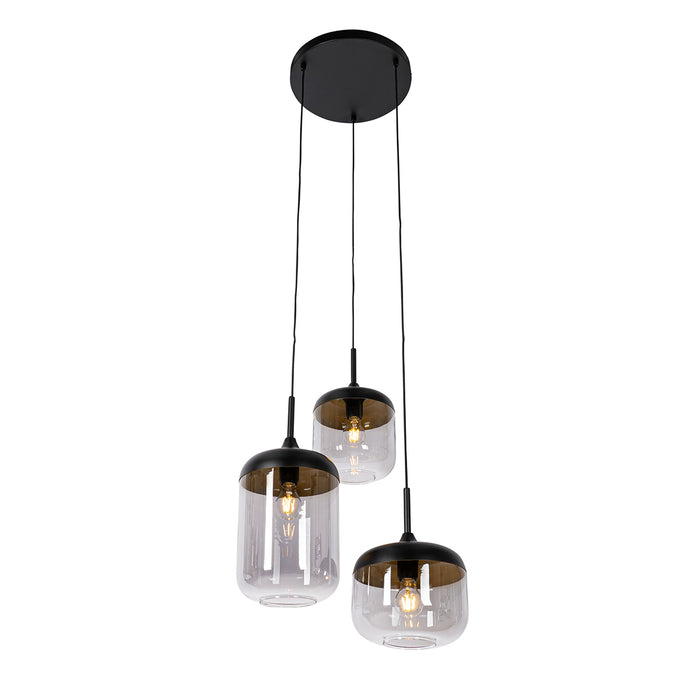 QAZQA Hanglamp zwart met goud en smoke glas 3-lichts rond - Kyan