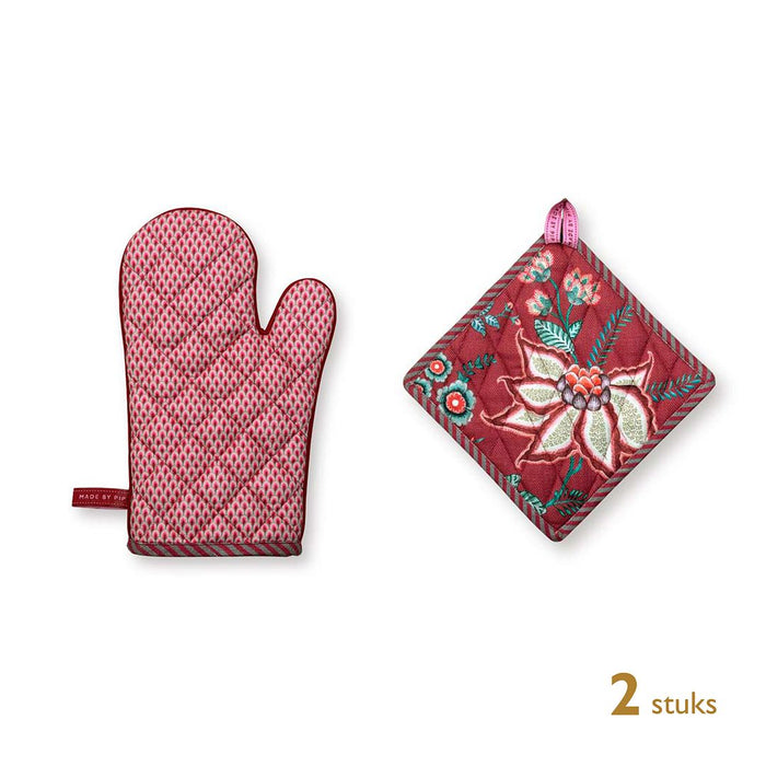 Pip Studio Flower Festival Pannenlappen en Ovenwanten - Roze - 2 Stuks