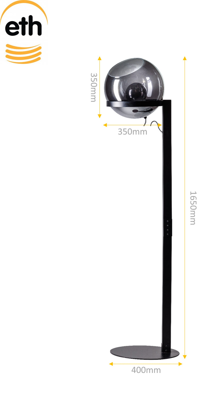 ETH Orb vloerlamp 1x E27 smoke glas 35cm | zwart H165cm