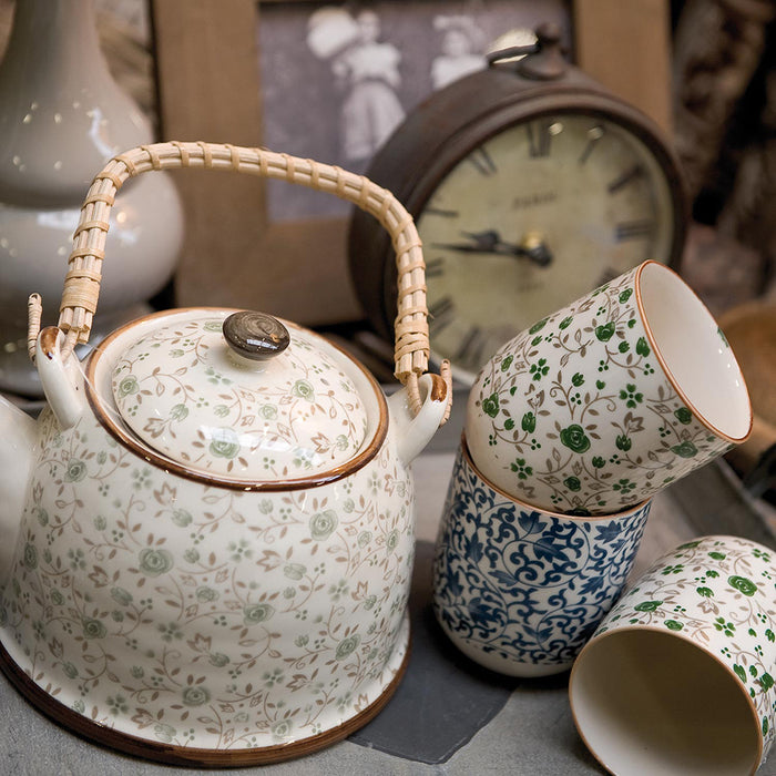 Clayre & Eef Theepot met Filter 700 ml Groen Keramiek Bloemen