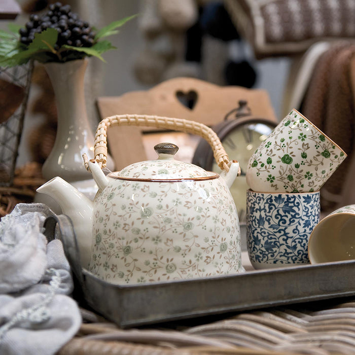 Clayre & Eef Theepot met Filter 700 ml Groen Keramiek Bloemen