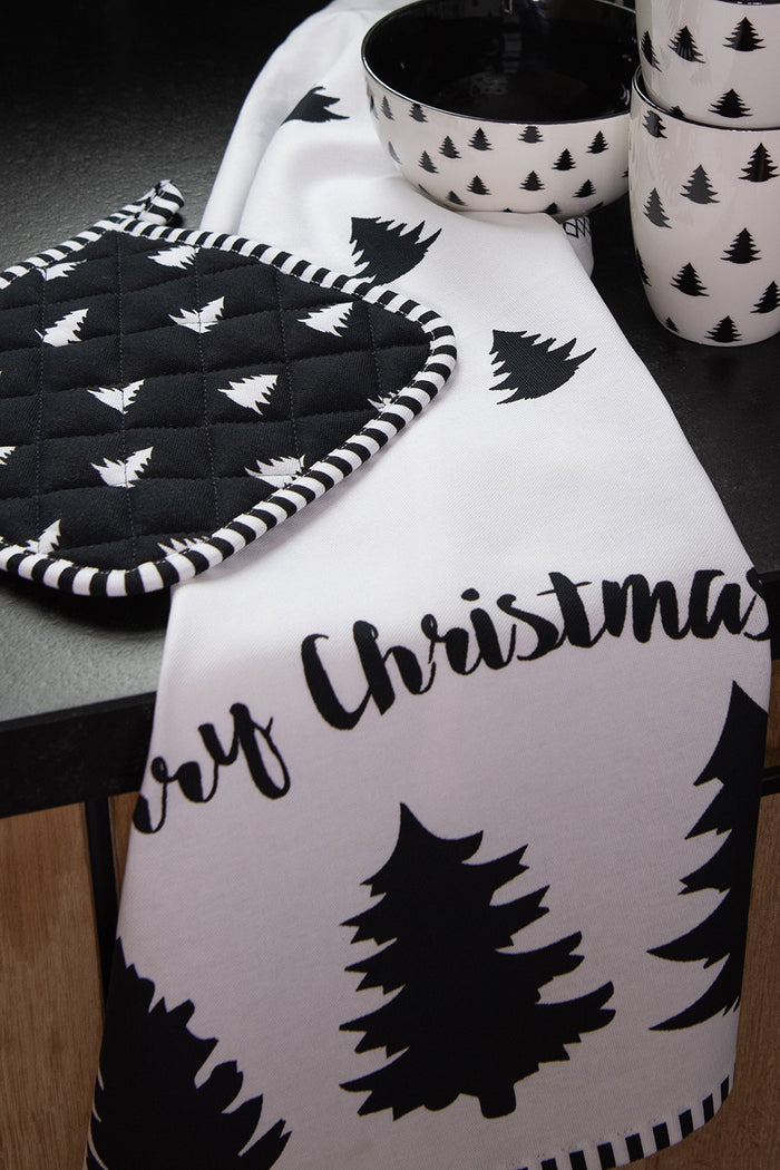 Clayre & Eef Tafelloper Kerst 50x160 cm Wit Zwart Katoen Kerstbomen