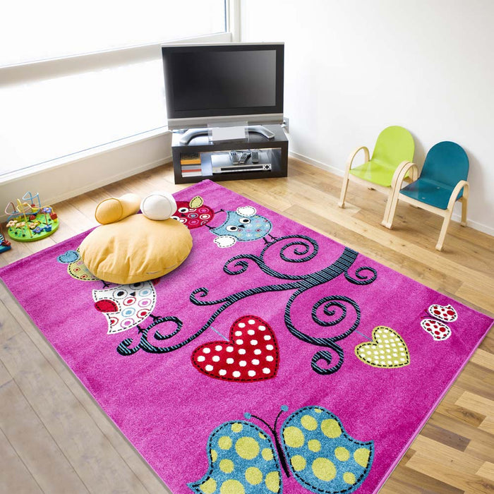 Tapeso Kindervloerkleed Vlinder & Vogel Lila - 80x150 cm