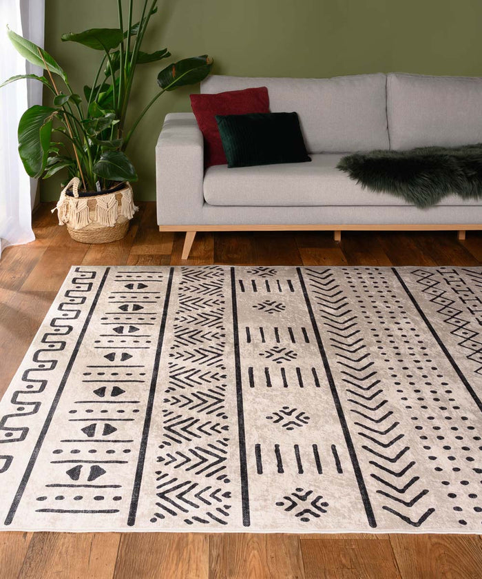 Tapeso Bohemian vloerkleed wasbaar - Moderna wit|zwart - 80x150 cm