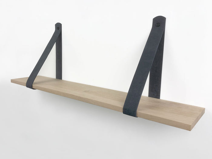 Woodbrothers Eiken 18mm wandplank recht 110x20cm + leren riem grijs