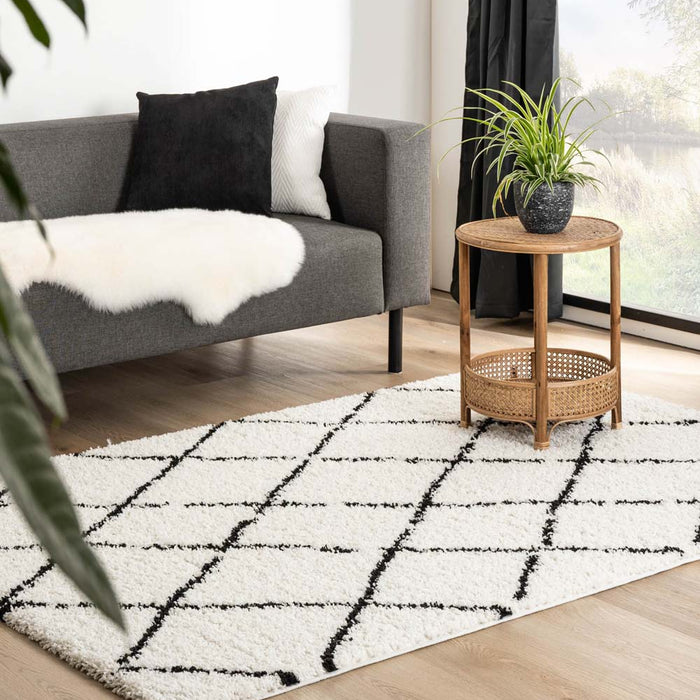 Boho&me Hoogpolig vloerkleed ruiten Habitat - wit|zwart - 120x170 cm