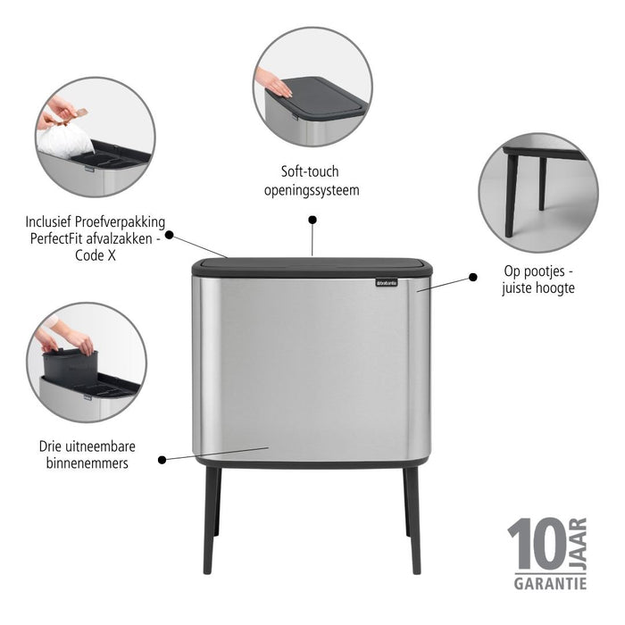 Brabantia Bo Touch Bin Afvalemmer 33 Liter (3x11 Liter) Vingerafdrukvrij